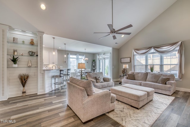 85 Slonaker Cir, Jonesborough, TN 37659 - living area featuring a ceiling fan, recessed lighting, wood finished floors, baseboards, and high vaulted ceiling