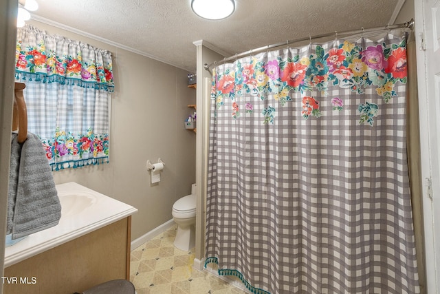 2009 Tenneva St, Kingsport, TN 37665 - full bathroom with ornamental molding, toilet, a textured ceiling, vanity, and tile patterned floors