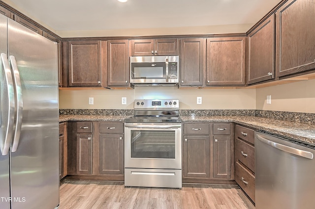 660 S Jena Beth Dr Unit 1, Elizabethton, TN 37643 - kitchen featuring stainless steel appliances, light wood finished floors, dark brown cabinets, and dark stone countertops