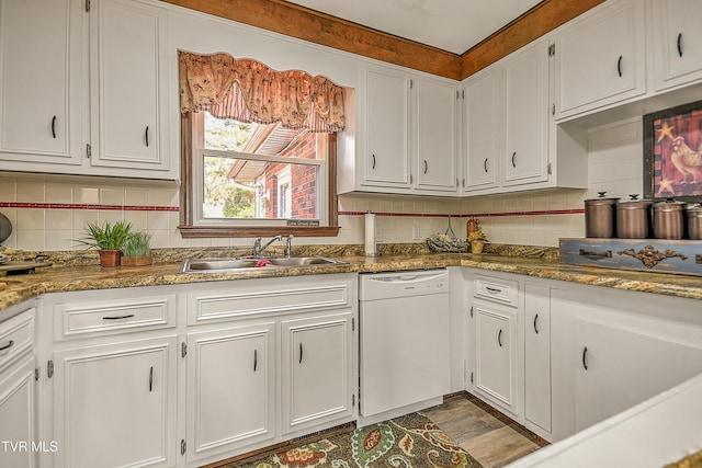646 Meadow View Rd, Bristol, TN 37620 - kitchen with dishwasher, a sink, white cabinets, decorative backsplash, and light stone counters