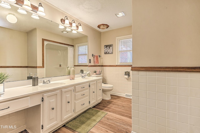 646 Meadow View Rd, Bristol, TN 37620 - full bath with tile walls, wainscoting, wood finished floors, double vanity, and toilet