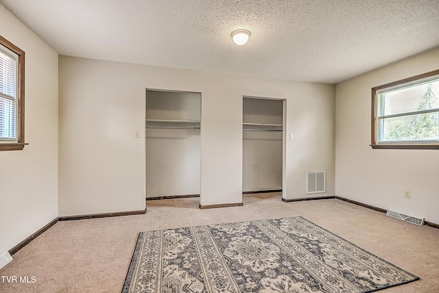 646 Meadow View Rd, Bristol, TN 37620 - unfurnished bedroom with multiple closets, light colored carpet, a textured ceiling, and baseboards