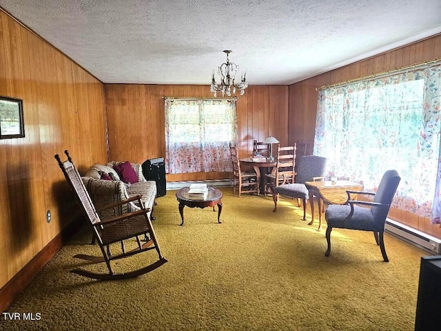 919 Coeburn Rd, Wise, VA 24293 - living area with baseboard heating, a chandelier, healthy amount of natural light, carpet flooring, and wood walls