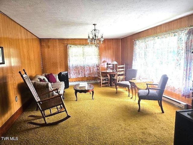 919 Coeburn Rd, Wise, VA 24293 - sitting room with baseboard heating, a chandelier, wood walls, carpet floors, and a textured ceiling
