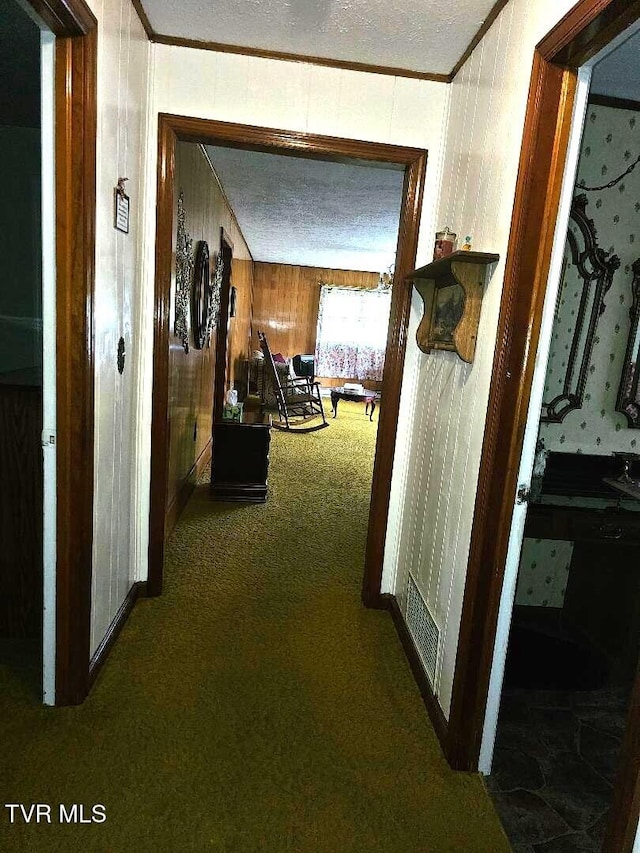 919 Coeburn Rd, Wise, VA 24293 - hall with carpet flooring, ornamental molding, and wood walls