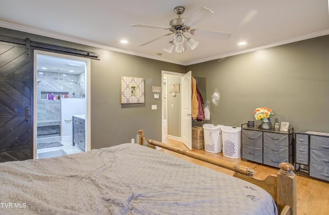 1032 Austin Ridge Ct, Piney Flats, TN 37686 - bedroom featuring crown molding, wood finished floors, recessed lighting, a barn door, and a ceiling fan