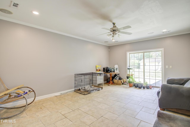 1032 Austin Ridge Ct, Piney Flats, TN 37686 - sitting room with a ceiling fan, recessed lighting, ornamental molding, and light tile patterned floors