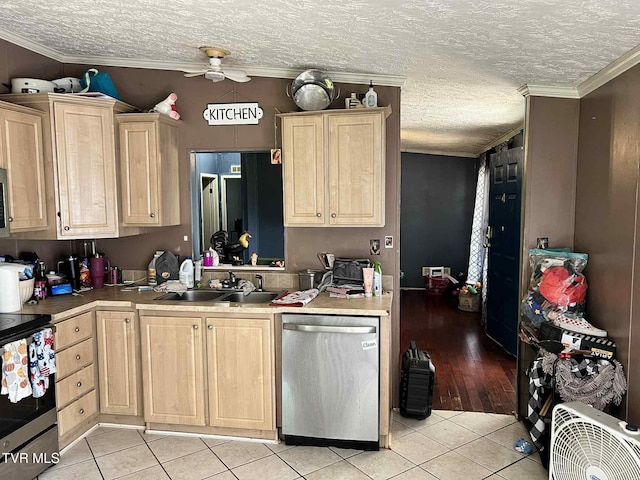 692 NE Hamner Ave, Norton, VA 24273 - kitchen featuring light brown cabinetry, stainless steel appliances, light tile patterned floors, ceiling fan, and a textured ceiling