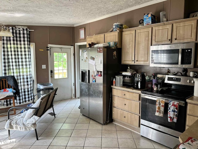 692 NE Hamner Ave, Norton, VA 24273 - kitchen with stainless steel appliances, light tile patterned flooring, crown molding, a textured ceiling, and light brown cabinetry