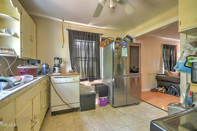 11 Birch St, Bristol, TN 37620 - kitchen featuring freestanding refrigerator, dishwasher, a ceiling fan, cream cabinetry, and ornamental molding