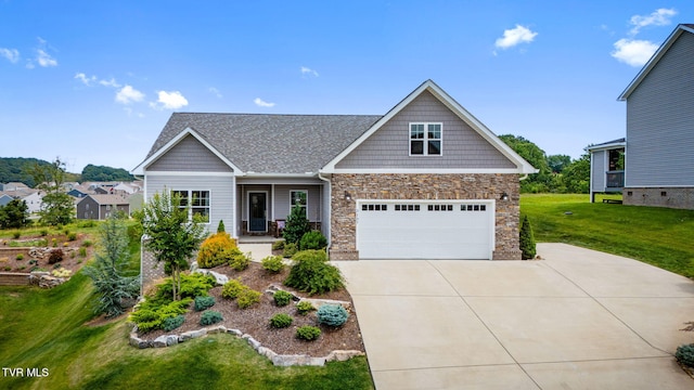 3137 London Rd, Kingsport, TN 37664 - craftsman inspired home with driveway, a front yard, a porch, stone siding, and a shingled roof