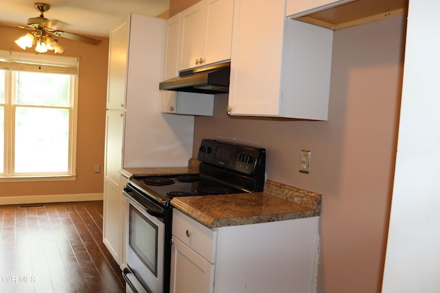 45 Laurel Rdg, Big Stone Gap, VA 24219 - kitchen featuring electric stove, under cabinet range hood, white cabinets, and ceiling fan
