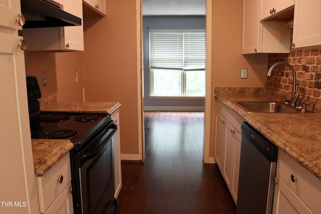 45 Laurel Rdg, Big Stone Gap, VA 24219 - kitchen featuring range with electric stovetop, stainless steel dishwasher, under cabinet range hood, white cabinets, and tasteful backsplash