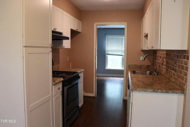 45 Laurel Rdg, Big Stone Gap, VA 24219 - kitchen featuring stainless steel electric stove, under cabinet range hood, backsplash, white cabinets, and dark wood-style flooring
