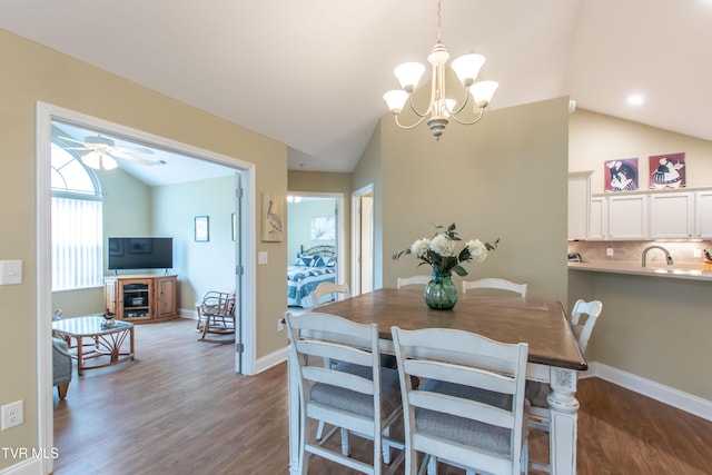 1551 Hatterdale Farm Rd Unit 1551, Blountville, TN 37617 - dining area with lofted ceiling, a chandelier, wood finished floors, and ceiling fan