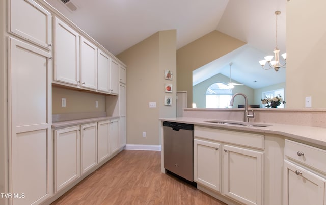 1551 Hatterdale Farm Rd Unit 1551, Blountville, TN 37617 - kitchen with dishwasher, lofted ceiling, light countertops, light wood-style floors, and a chandelier