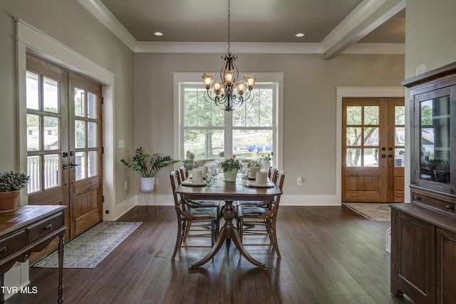 801 Watauga St, Kingsport, TN 37660 - dining area featuring french doors, dark wood-style floors, healthy amount of natural light, crown molding, and recessed lighting