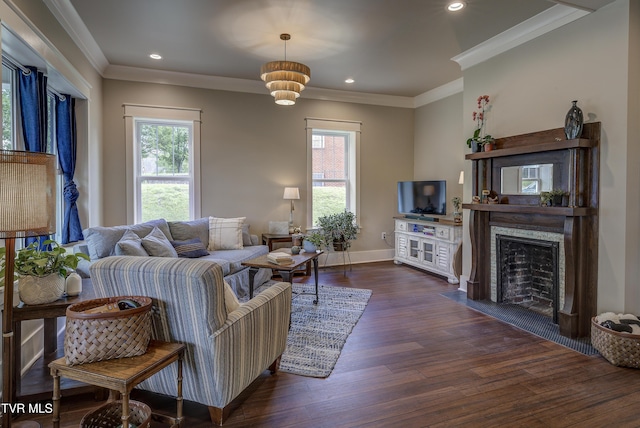 801 Watauga St, Kingsport, TN 37660 - living area featuring dark wood-style floors, crown molding, recessed lighting, and a fireplace with flush hearth