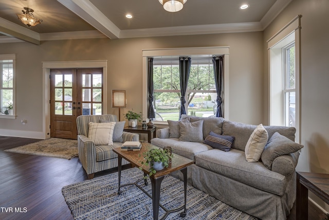 801 Watauga St, Kingsport, TN 37660 - living area with wood finished floors, french doors, crown molding, recessed lighting, and beam ceiling
