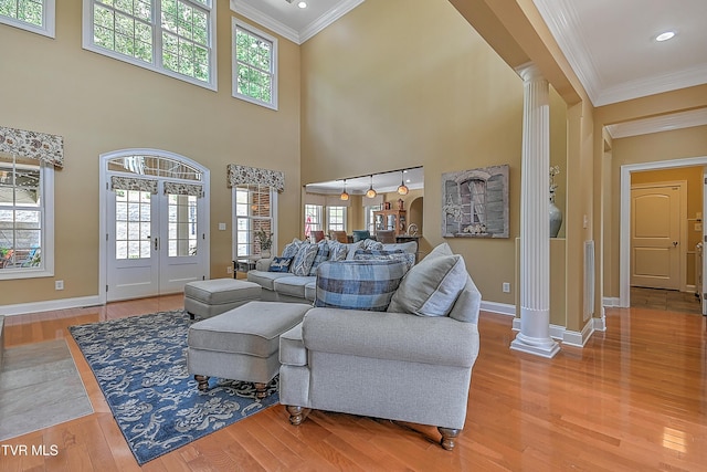 287 Pactolus Rd, Kingsport, TN 37663 - living area featuring ornate columns, crown molding, light wood-type flooring, plenty of natural light, and a high ceiling