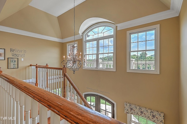 287 Pactolus Rd, Kingsport, TN 37663 - hall featuring a high ceiling, a chandelier, an upstairs landing, healthy amount of natural light, and crown molding