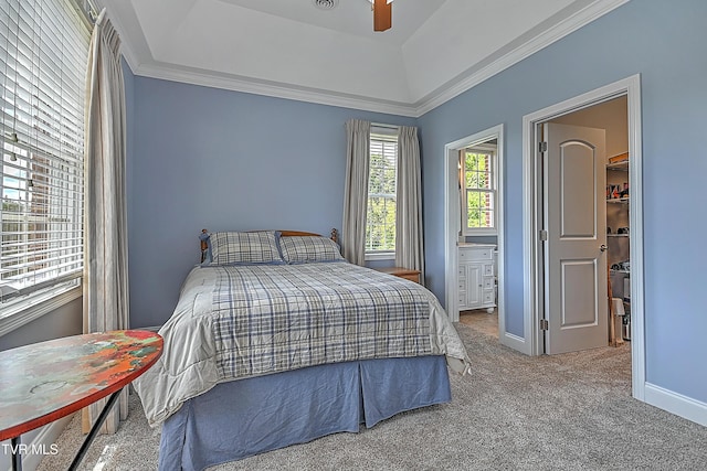 287 Pactolus Rd, Kingsport, TN 37663 - carpeted bedroom with ornamental molding, a tray ceiling, ceiling fan, and connected bathroom