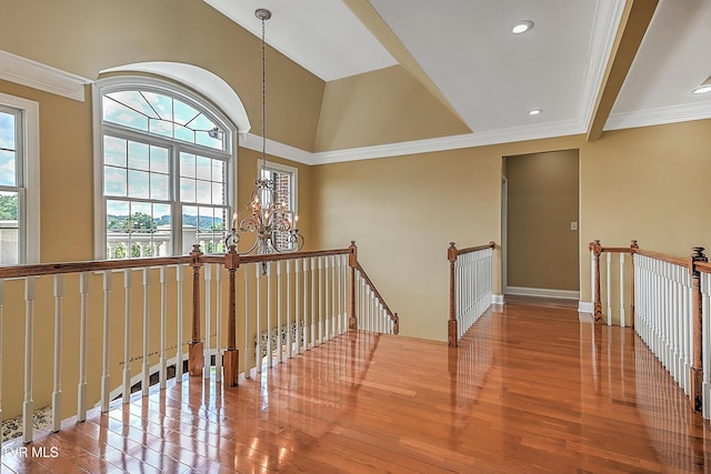 287 Pactolus Rd, Kingsport, TN 37663 - corridor with a chandelier, wood finished floors, an upstairs landing, recessed lighting, and crown molding