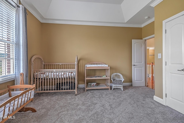 287 Pactolus Rd, Kingsport, TN 37663 - bedroom with carpet, a crib, ornamental molding, and a raised ceiling