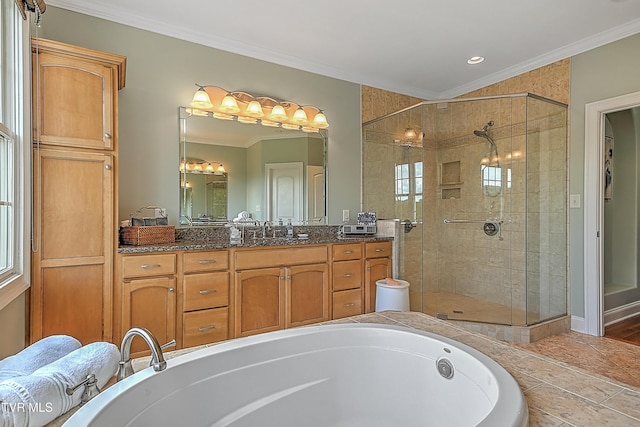 287 Pactolus Rd, Kingsport, TN 37663 - bathroom with a stall shower, ornamental molding, vanity, a garden tub, and recessed lighting