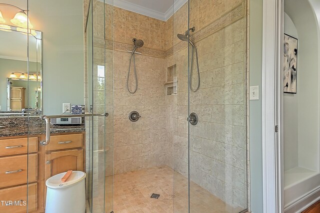 287 Pactolus Rd, Kingsport, TN 37663 - bathroom featuring ornamental molding, a shower stall, and vanity