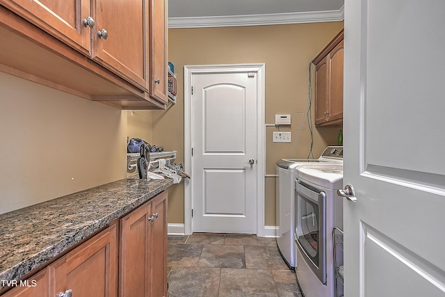 287 Pactolus Rd, Kingsport, TN 37663 - laundry area with cabinet space, washer and clothes dryer, crown molding, and stone finish flooring