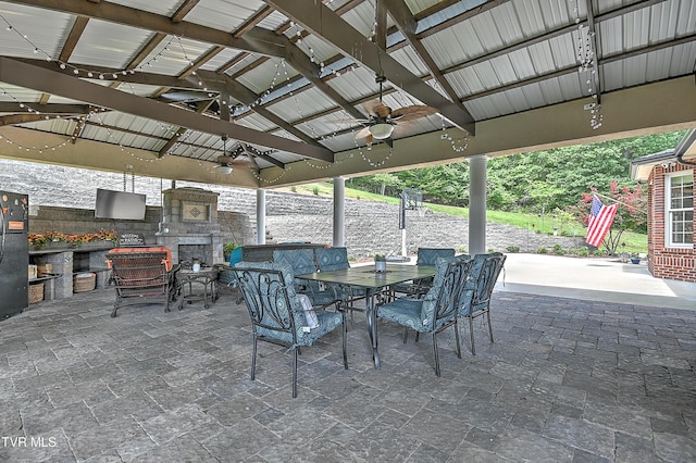 287 Pactolus Rd, Kingsport, TN 37663 - view of patio / terrace with exterior fireplace, a ceiling fan, a gazebo, and outdoor dining area
