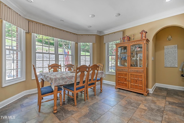 287 Pactolus Rd, Kingsport, TN 37663 - dining space with stone tile flooring, ornamental molding, arched walkways, and recessed lighting