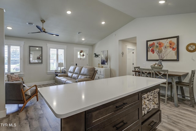 457 W St, Greeneville, TN 37745 - kitchen with light wood-style flooring, light countertops, dark brown cabinetry, vaulted ceiling, and a ceiling fan