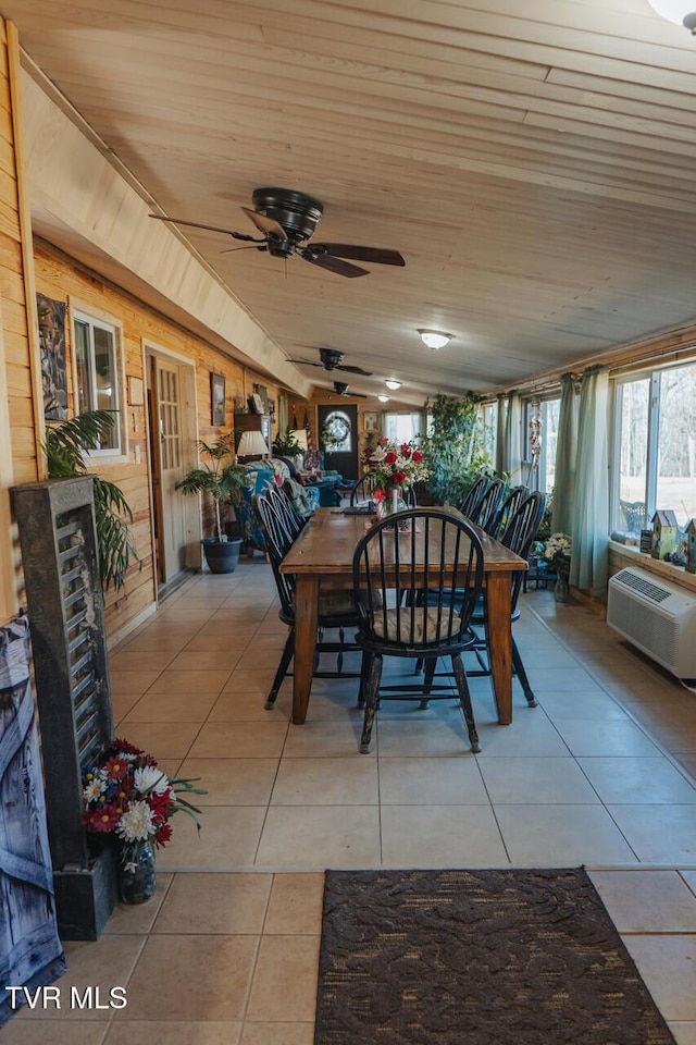 3521 James Phillips Way, Sevierville, TN 37876 - dining room with light tile patterned flooring, wooden ceiling, a wall unit AC, and a ceiling fan