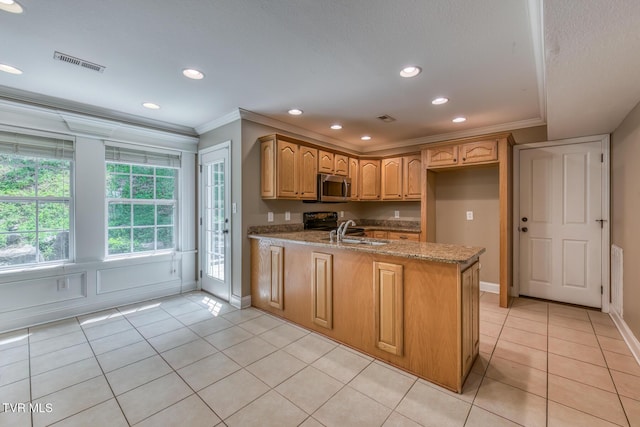 82 Hiddenbrook Ln Unit 82, Gray, TN 37615 - kitchen with stainless steel microwave, crown molding, a peninsula, light tile patterned floors, and light stone counters