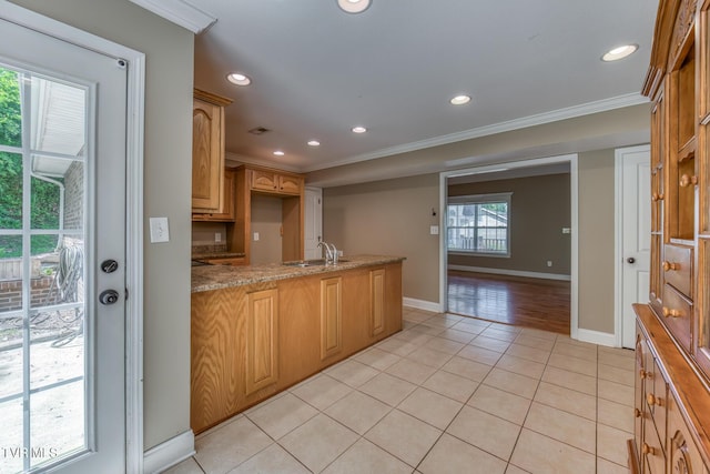 82 Hiddenbrook Ln Unit 82, Gray, TN 37615 - kitchen featuring ornamental molding, light tile patterned floors, recessed lighting, light stone counters, and a peninsula