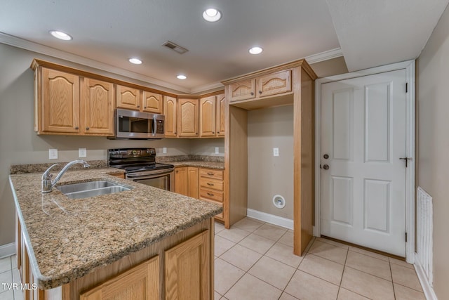 82 Hiddenbrook Ln Unit 82, Gray, TN 37615 - kitchen featuring stainless steel microwave, range with electric cooktop, a peninsula, light stone countertops, and recessed lighting