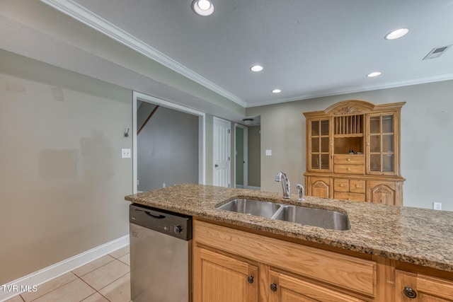 82 Hiddenbrook Ln Unit 82, Gray, TN 37615 - kitchen with dishwasher, light stone countertops, crown molding, light tile patterned floors, and recessed lighting