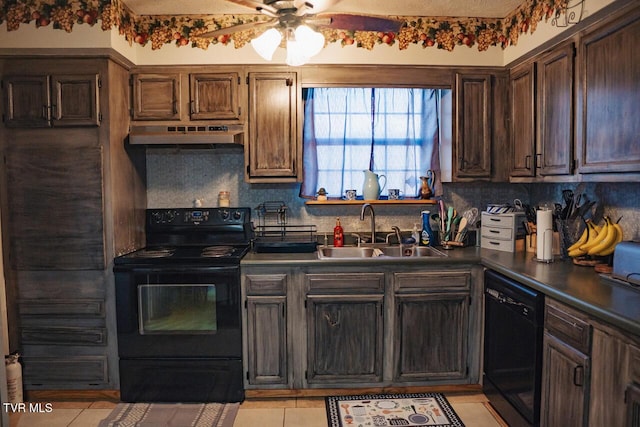 3525 James Phillips Way, Sevierville, TN 37876 - kitchen featuring black appliances, ceiling fan, backsplash, and under cabinet range hood