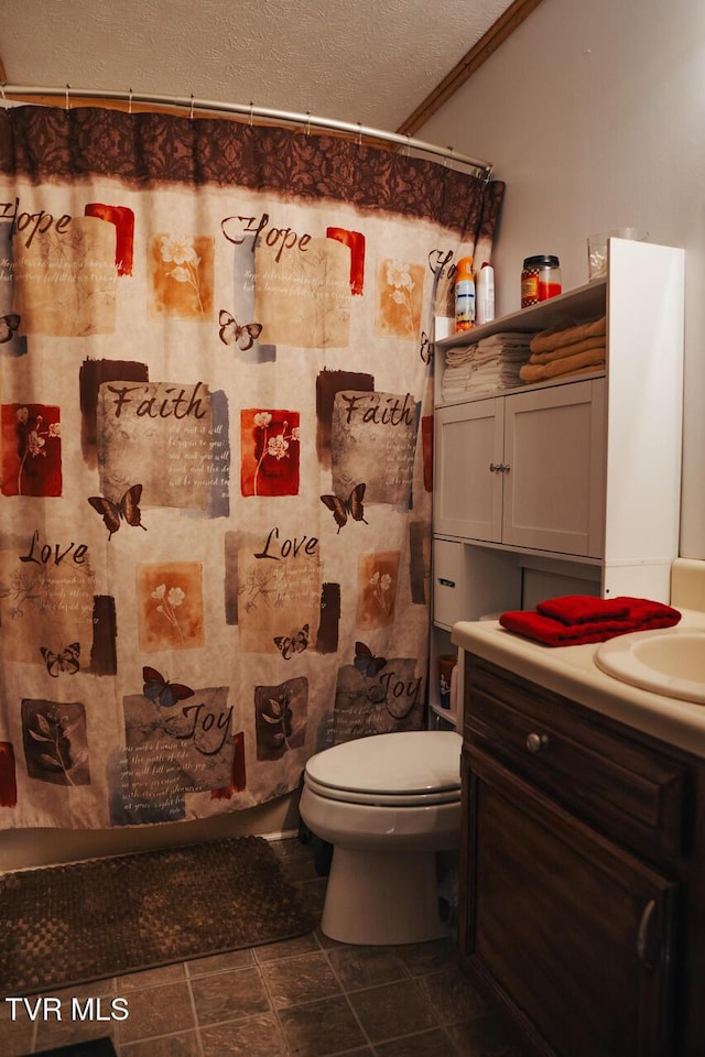 3525 James Phillips Way, Sevierville, TN 37876 - bathroom with vanity, a textured ceiling, and a shower with curtain