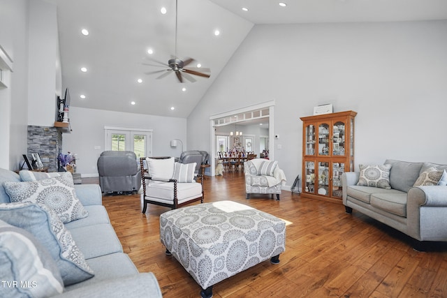 313 Treadway Trl, Jonesborough, TN 37659 - living room with high vaulted ceiling, ceiling fan, wood finished floors, a fireplace, and recessed lighting