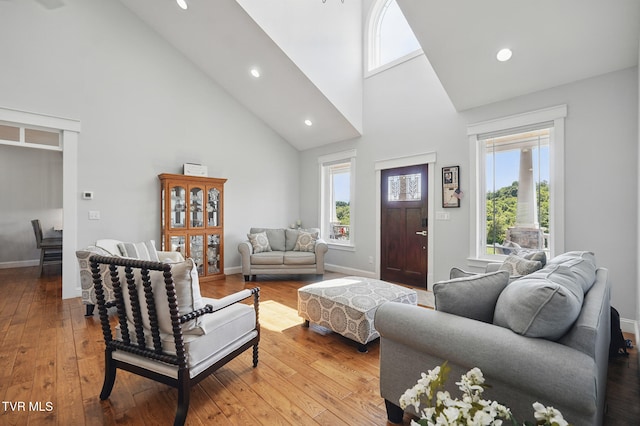 313 Treadway Trl, Jonesborough, TN 37659 - living room with high vaulted ceiling, recessed lighting, and wood-type flooring