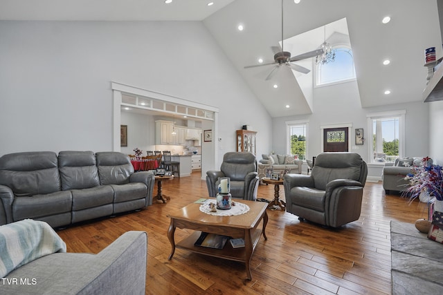 313 Treadway Trl, Jonesborough, TN 37659 - living area with ceiling fan, high vaulted ceiling, recessed lighting, and wood-type flooring