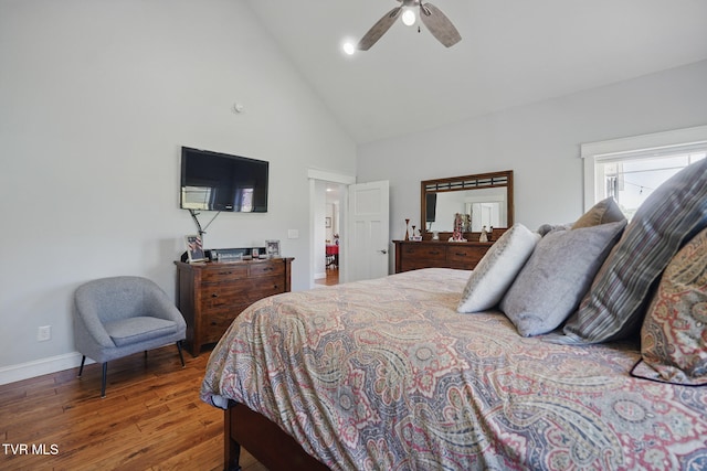 313 Treadway Trl, Jonesborough, TN 37659 - bedroom featuring high vaulted ceiling, hardwood / wood-style floors, and a ceiling fan