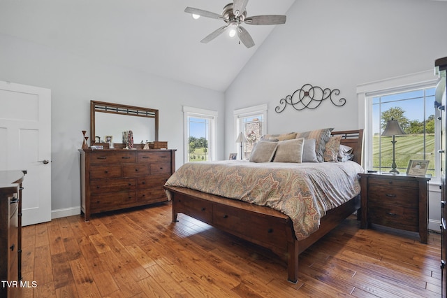 313 Treadway Trl, Jonesborough, TN 37659 - bedroom with high vaulted ceiling, hardwood / wood-style floors, and a ceiling fan