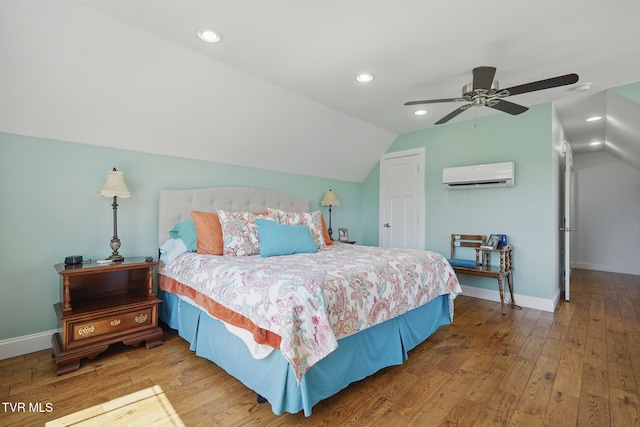 313 Treadway Trl, Jonesborough, TN 37659 - bedroom with a wall mounted AC, lofted ceiling, hardwood / wood-style floors, recessed lighting, and ceiling fan