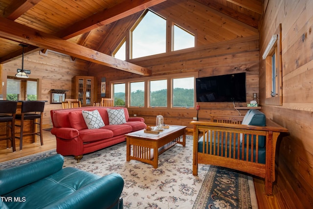 289 Harbor View Rd, Butler, TN 37640 - living room with wooden walls, healthy amount of natural light, wood finished floors, a wooden ceiling with exposed beams, and high vaulted ceiling