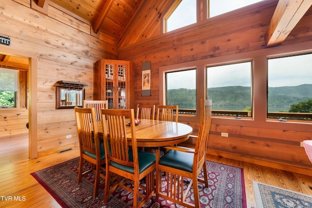289 Harbor View Rd, Butler, TN 37640 - dining area with wooden walls, wood ceiling, a mountain view, french doors, and wood finished floors