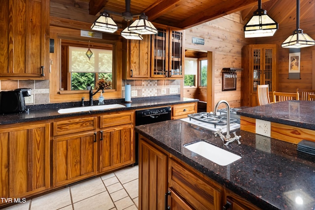 289 Harbor View Rd, Butler, TN 37640 - kitchen featuring a wooden ceiling with exposed beams, brown cabinetry, tasteful backsplash, and wooden walls